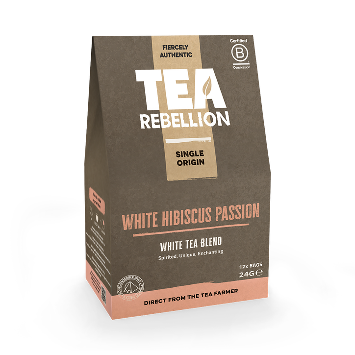 Tea Rebellion Low Caffeine White Tea Blend White Hibiscus Passion Peach 12  Biodegradable Pyramid Bags