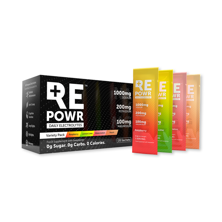 REPOWR Daily Electrolytes Variety Pack Mix 1 (Raspberry, Lemon Lime, Watermelon, Peach) 20 Sachets
