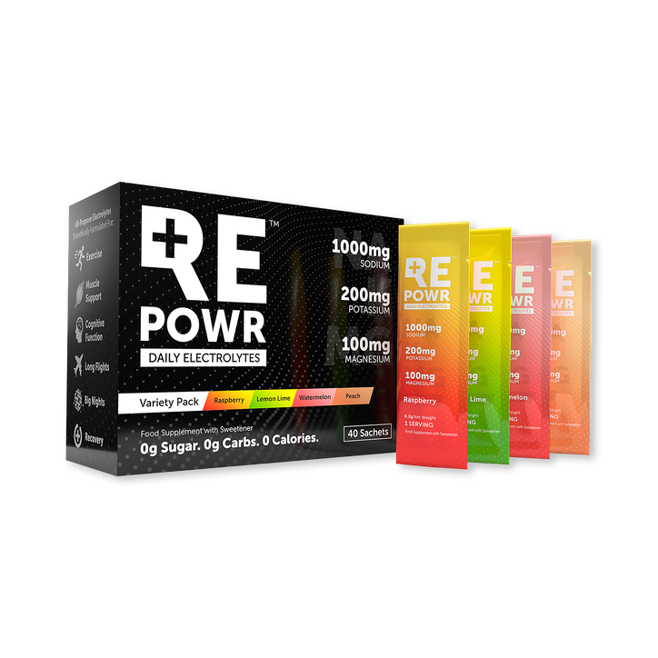 REPOWR Daily Electrolytes Variety Pack Mix 1 (Raspberry, Lemon Lime, Watermelon, Peach) 40 Sachets