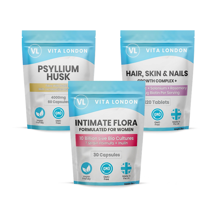 Women's Vitamin Bundle 3pk - Intimate Flora Probiotics - Psyllium Husk Capsules - Biotin Hair, Skin & Nails Tablets