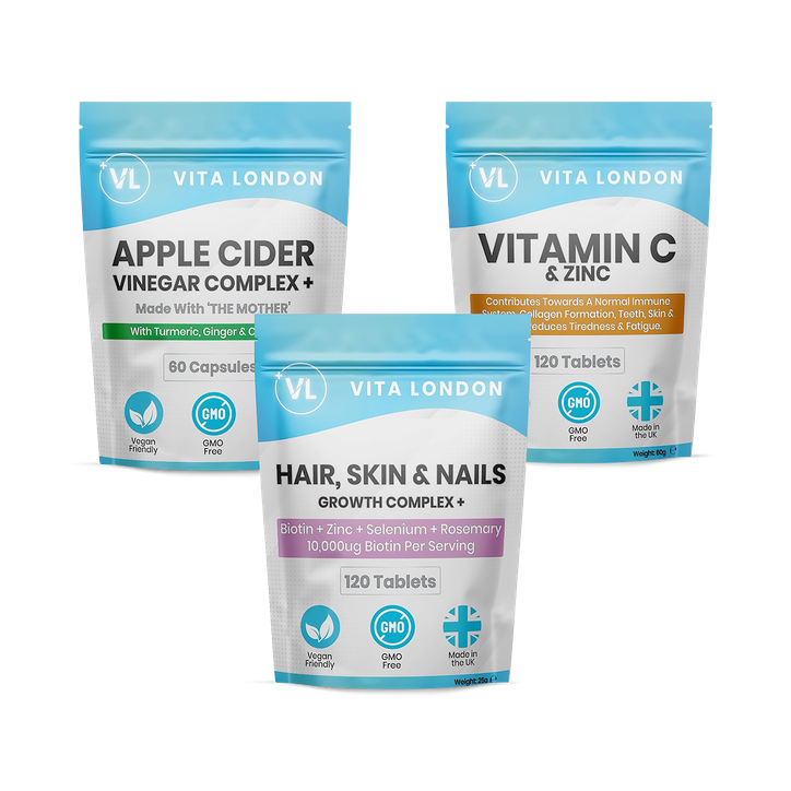 3pk Glow Up Bundle - Apple Cider Vinegar Capsules - Biotin Hair, Skin & Nails - Vitamin C & Zinc Tablets