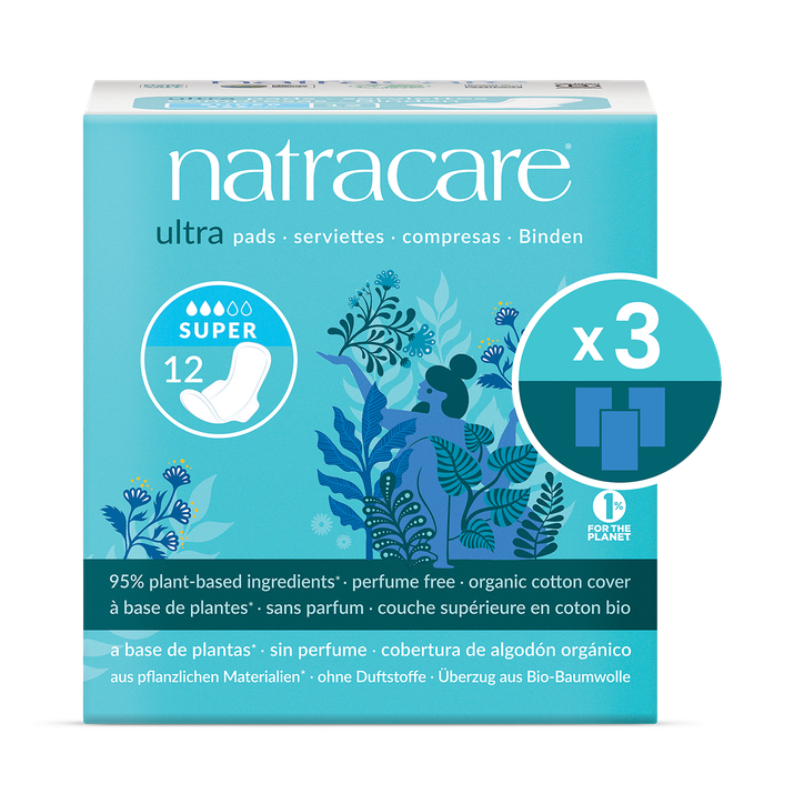 Natracare Ultra Pads with wings 12 Count | Super Absorbency | Pack of 3