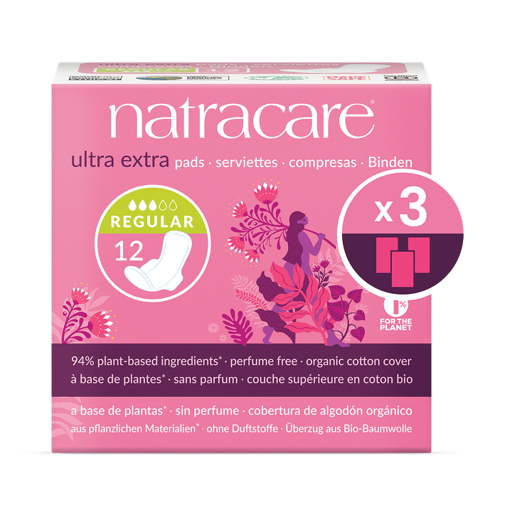 Natracare Ultra Extra Pads with wings 12 Count | Regular Absorbency | Pack of 3