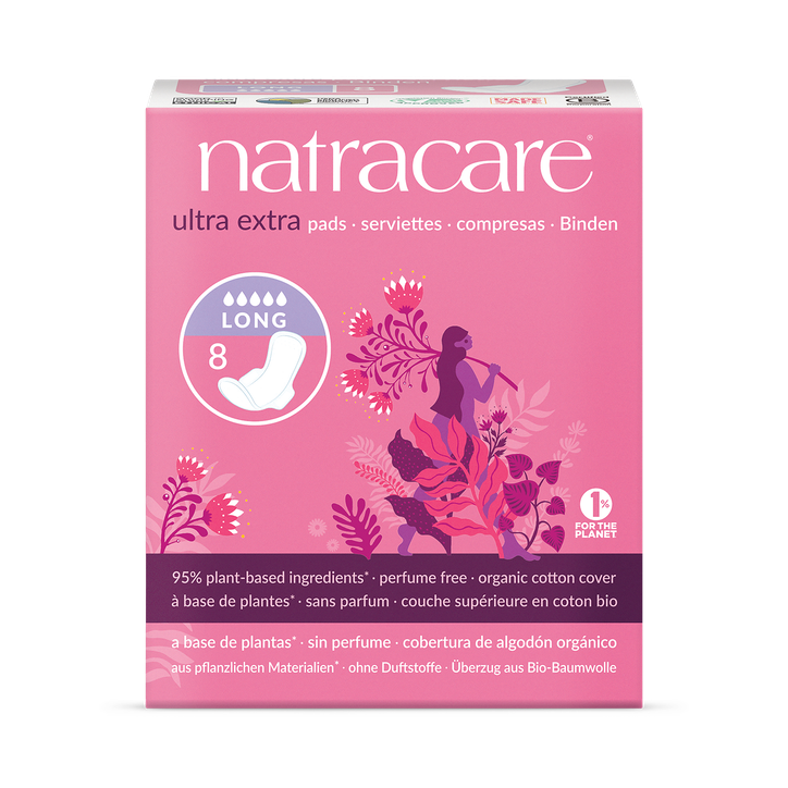 Natracare Ultra Extra Pads with wings 8 Count | Long/Night Pads | Pack of 1