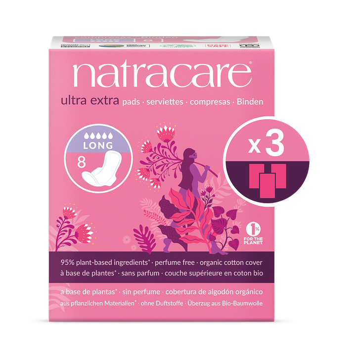 Natracare Ultra Extra Pads with wings 8 Count | Long/Night Pads | Pack of 3