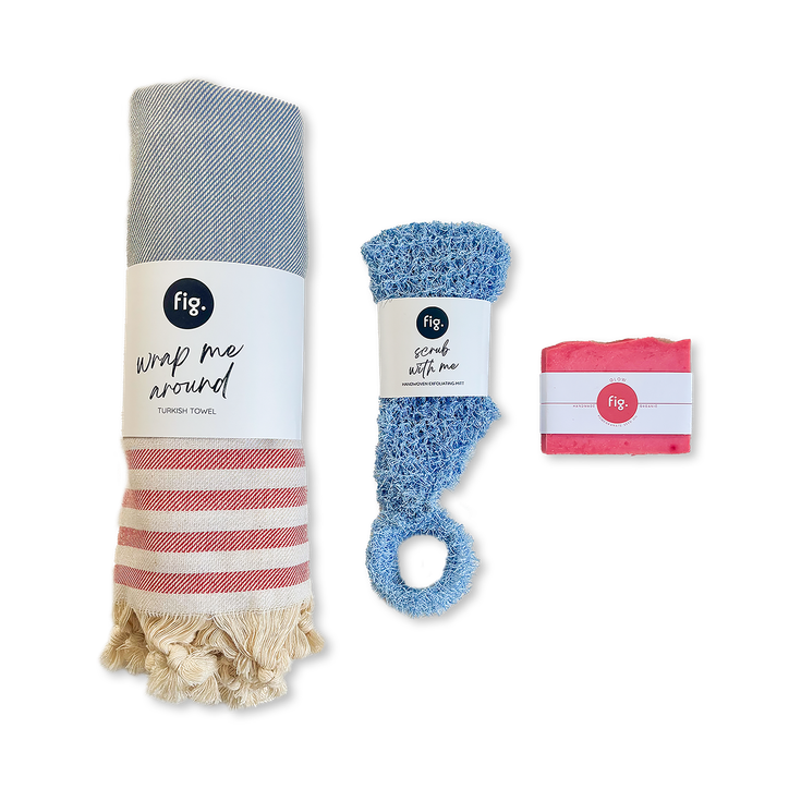 Spa Ritual Set – Turkish Towel, Handwoven Exfoliating Shower Mitt & Glow Soap Bar - Blue