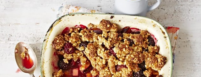 A autumn fruit crumble in a dish