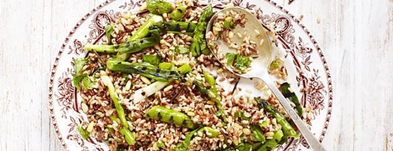 A bowl of asparagus and wild rice salad