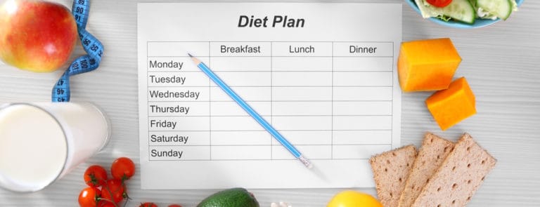 A blank diet plan with different foods around it