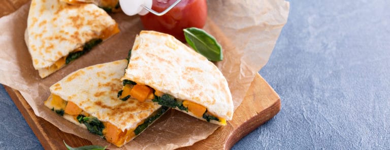 Quesadillas with cheddar, kale and sweet potato