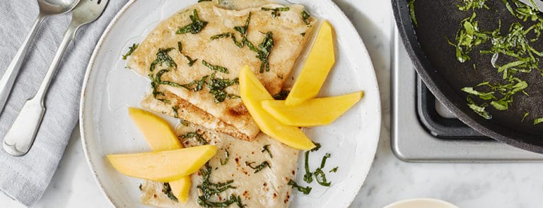 Mango, Lime and Mint Spelt Crepes