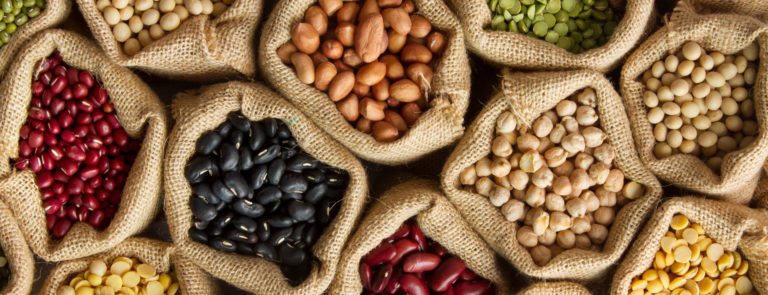Small bags of beans and legumes, all sources of fibre