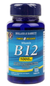 A bottle of Holland & Barrett Vitamin B12 Tablets.