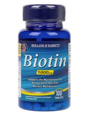 A blue bottle of Holland & Barrett Biotin Tablets.
