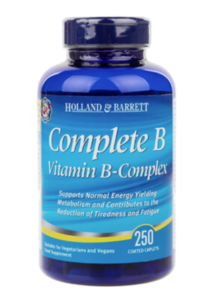 A blue bottle of Holland & Barrett Complete B Vitamin B Complex Caplets.