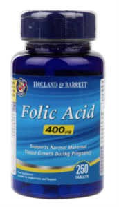 A blue bottle of Holland & Barrett Folic Acid Tablets.