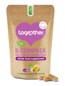 A brown and purple bag of Together Health WholeVits B Complex 30 Capsules.